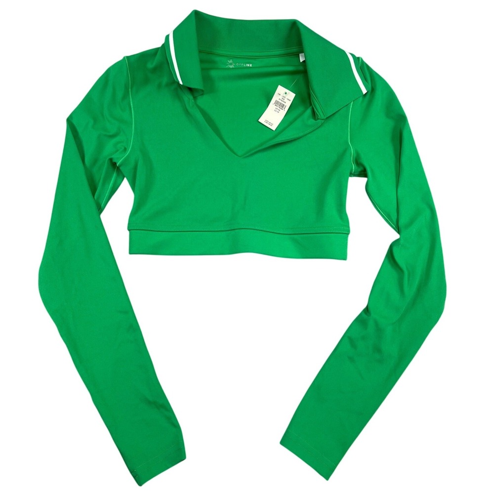 NWT OFFLINE by Aerie Real Me Polo Crop Top Long Sleeve Green Womens XS 2152-1646